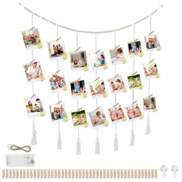 Imagem de Porta-retratos para pendurar com 45 clipes, guirlanda de madeira, guirlanda, colagem, 119 cm de comprimento, cordão para pendurar na parede, kit de exibição de fotos faça você mesmo, suporte de cartão