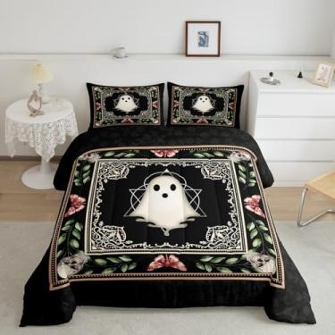 Imagem de Manfei Conjunto de edredom de tamanho casal engraçado, gótico de Halloween, crânio, traça, decoração de quarto de crianças, meninos, estilo gótico, casa de fazenda, 3 peças, enchimento de edredom de
