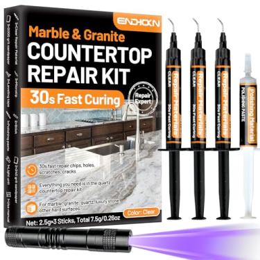 Imagem de Endhokn Kit de reparo de bancada de mármore e granito, 3 peças de kit de reparo de bancada de quartzo transparente 30s de fixação rápida, furos, arranhões, rachaduras, para pedra de luxo, Corian
