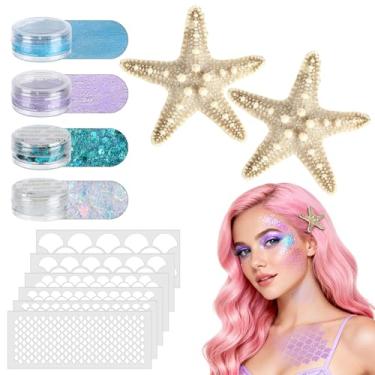 Imagem de Acessórios de cabelo de sereia para mulheres – Kit de fantasia de sereia de Halloween com grampos de cabelo de estrela do mar bonitos realistas e brilho facial para presente de maquiagem