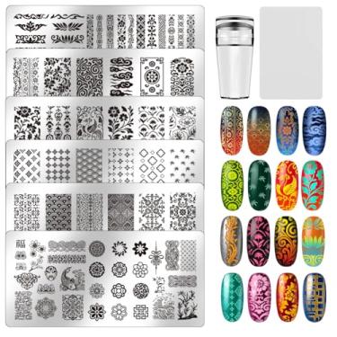 Imagem de UNICRAFTALE Conjunto de 6 peças de moldes de placas de carimbo de unha com textura oriental para estampagem de cultura chinesa, modelos de carimbos de imagem, estênceis de unhas, placas de arte de