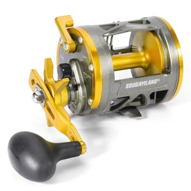 Imagem de Sougayilang Carretel de pesca com vento de nível convencional, carretel de pesca de surfe costeiro para peixe-gato, almiscarado, robalo para água doce e salgada, mão esquerda, ouro