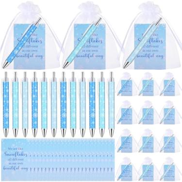 Imagem de Sayglossy 24 conjuntos de canetas esferográficas de flocos de neve de inverno e cartões de Natal com tema de floco de neve, canetas esferográficas de tinta preta retrátil, lembrancinhas de festa de