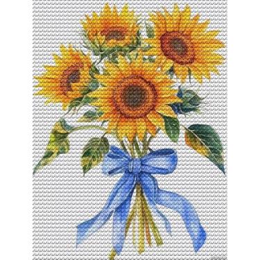 Imagem de YEEIFFD Aquarela girassóis com buquê de fita azul, kit de arte de desenho de diamante para adultos faça você mesmo pintura de arte de diamante broca completa arte de pedra redonda para artesanato