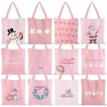 Imagem de 12 peças de sacolas de lona de Natal rosa para mulheres, árvore de Natal, boneco de neve, arco de Papai Noel, bengala doce, reutilizável, compras, compras, presentes de Natal, para embrulhar presentes