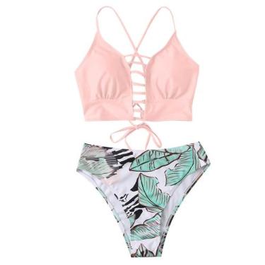 Imagem de Moda feminina verão patchwork impresso oco tanque sexy biquíni de duas