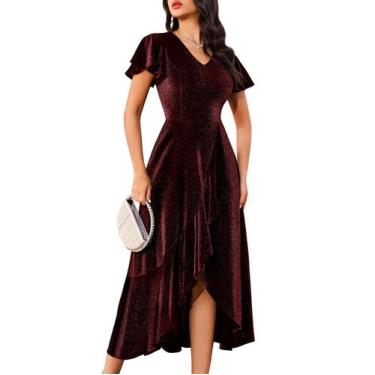 Imagem de Vestido BeryLove Sequin Flutter de manga curta cor de vinho para mulhe
