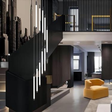 Imagem de Lustre moderno de teto alto, preto, luz pendente, 12 luzes, grande espiral, LED, gota de chuva, lâmpada suspensa, altura ajustável, adequado para entrada, escada, saguão, sala de estar, foye