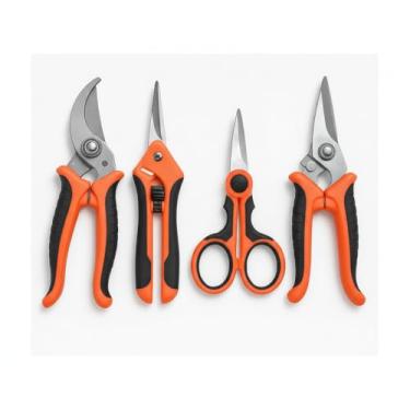 Imagem de Kit 4 Tesouras de Poda Profissional em Aço Inox - Cabo Ergonômico Laranja - Para Jardinagem, Pomar e Horta - Corte Preciso em Galhos, Folhas e Flores