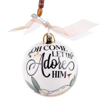 Imagem de Glory Haus Oh Come Let Us Adore Him Enfeites de árvore de Natal - Enfeites de Natal de cerâmica pintados à mão para árvore, decorações de bola branca para casa, lâmpadas decorativas penduradas