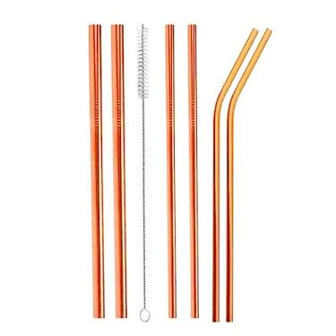 Imagem de Kit Família com 6 Canudos de Inox Reutilizáveis + 2 Escovas de Limpeza – Canudos 8mm para Shake, Sucos e Smoothies (Rosegold)