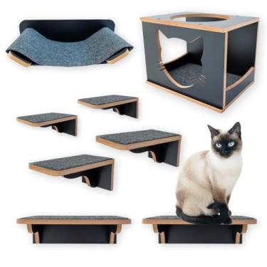 Imagem de BT WOOD Playground para Gatos, MDF 15mm Laminado, 8 Peças com Nicho e Rede, Suporta 25kg, Branco (Marrom)