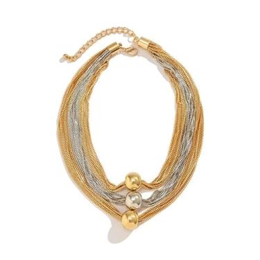 Imagem de Colar Corrente Grossa Dourada Prata Triplo Bolinha Feminino-Choker Gargantilha Bicolor Camadas Malha Veneziana Pingente Bolas Ajustável -Presente Multi-Fios Esferas Datas Especiais Festa Versátil (Dourado-Prateado)