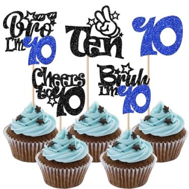 Imagem de Pacote com 30 Bruh I'm 10 Cupcake Toppes Glitter Dude Bro I'm 10 Fabulous Cupcake Picks Cheers to 10 Years Ten Cake Decoration for 11st Birthday Party Supplies Preto Azul