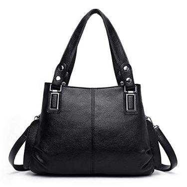 Imagem de Bigfanshu Bolsa feminina de couro legítimo com 3 bolsos, bolsa de mão de luxo, Preto, 33 X 14 X 22 CM