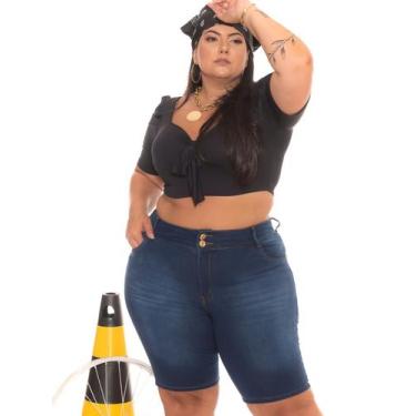 Imagem de Bermuda Short Jeans Feminino Plus Size Cintura Alta Escuro Lycra/Elast