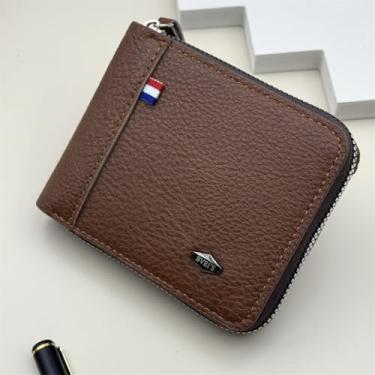 Imagem de Carteira masculina com bloqueio de zíper, carteira de couro para homens, porta-cartões dobrável 08, Marrom, Minimalista