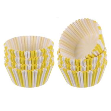 Imagem de Generic 200 forros de cupcake listrados amarelos copos de cupcake tamanho padrão muffins forros, papéis, copos de cozimento, envoltórios à prova de gordura para festa, casamento, aniversário