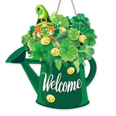 Imagem de Bolisom Boas-vindas do dia de São Patrício, placa para porta da frente, trevo da sorte, gnomo, cabide de madeira, decoração de casa, decoração de casa, moedas de ouro irlandês, guirlanda de madeira