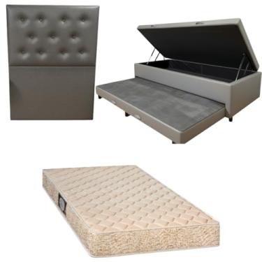 Imagem de Cama Box Baú Solteiro com Auxiliar (Bicama) + Colchão de Espuma Toulon D33 | Kit Completo com Cabeceira Botonê Opcional | Diversas Cores (3, CORINO CINZA, COM CABECEIRA)