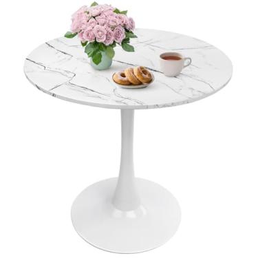 Imagem de Elepbear Small Space Mesa de jantar de tulipa redonda de mármore falso branco de 60 cm - Mesa de cozinha com base em pedestal de meados do século para 1 a 2 pessoas - Montagem fácil e fácil de limpar