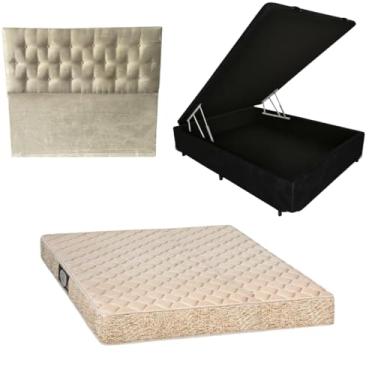 Imagem de Cama Box Baú Blindada com Colchão de Espuma Orthopedic + Cabeceira Botonê (CORINO PRETO, Casal)