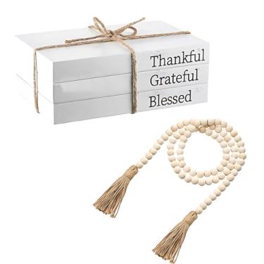 Imagem de Prateleiras e livros de mesa de centro, tema grateful Blessed Thankful, decoração ideal para casa de Ação de Graças, borlas artesanato em madeira 3 peças decorativas
