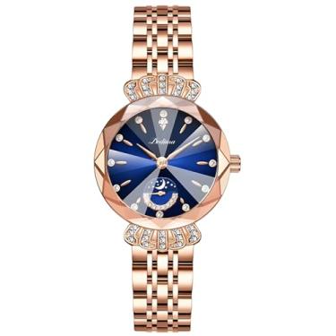 Imagem de FANMIS Relógios femininos luxuosos em ouro rosa com mostrador de diamante, fácil leitura, relógio elegante, pulseira de aço inoxidável, relógio à prova d'água, Aço azul