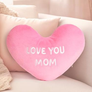 Imagem de WoollyPearl Almofada de coração Love Mom – Almofadas fofas com design bordado, presentes para aniversário da mãe, dia das mães, almofada decorativa para sofá e quarto (rosa, 36,8 x 29 cm)