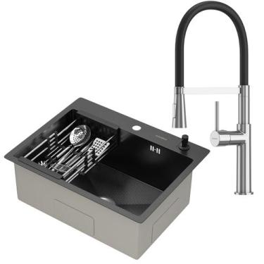 Imagem de Kit Cuba Gourmet Mônaco Preto Aço Inox 304 e Torneira Gourmet Bélgica 