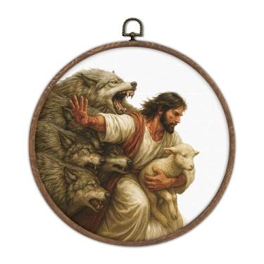 Imagem de DTLGTG Arte de parede em tela Jesus protegendo cordeiro de lobos, arte de parede cristã para casa, imagem religiosa de Jesus, arte bíblica inspiradora, 25 x 25 cm