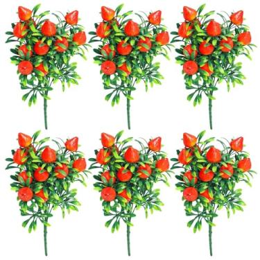 Imagem de LUMINFLY 6 peças de buquê de morango falso, arranjo floral de morango de plástico realista com folhagem verde, perfeito para decoração de casa, casamentos, reuniões e eventos sazonais