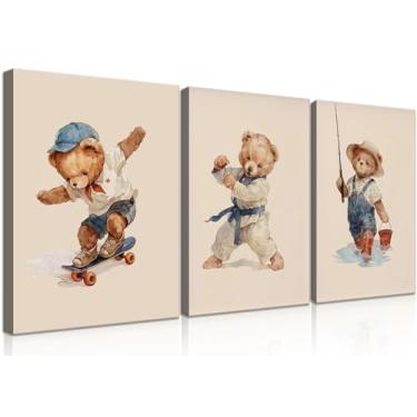 Imagem de 3 peças de urso de pelúcia infantil arte de parede jardim de infância menino skate karatê esportes decoração de parede pôster impresso bonito engraçado pintura animal imagens para quarto de crianças