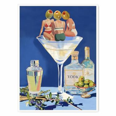 Imagem de Arte de parede Dirty Martini Cocktail – Impressão de pôster de carrinho de bar vintage, ilustração de bebida retrô, decoração de parede de bar de casa estética 28 x 35 cm sem moldura