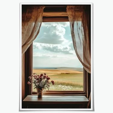 Imagem de Impressão artística rústica com vista de campo através de moldura de janela de madeira, campos rolantes e buquê floral, decoração de parede pastoral serena para sala de estar, quarto ou escritório, 28