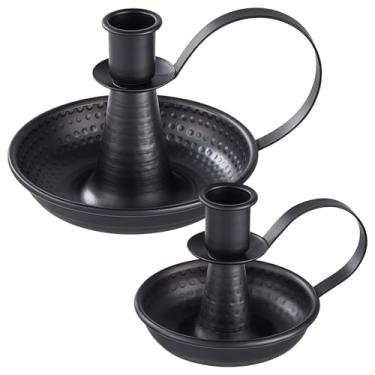 Imagem de Conjunto de suporte de vela de pilar de metal preto de 2 peças com alças, grande e pequeno, design vintage para decoração de casa, quarto, lareira