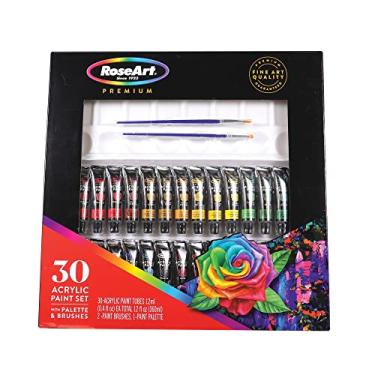 Imagem de RoseArt Conjunto de tintas acrílicas premium de 30 quilates, conjunto de pintura profissional completo com 30 cores de tinta acrílica e bônus 2 pincéis de tinta e paleta de tinta