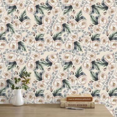 Imagem de AuraCyzirine Papel de parede floral descasque e cole papel de contato bege Um conjunto de 43 cm x 300 cm Papel de parede autoadesivo de flores desabrochando Papel de parede removível à prova d'água