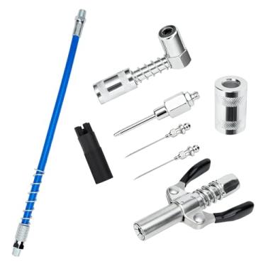 Imagem de Kit de acessórios de pistola de graxa de 7 peças, acoplador de alças duplas, mangueira de pistola de graxa de 30,5 cm, adaptador de acoplador de 90 graus, bicos de agulha de graxa, dispensador de