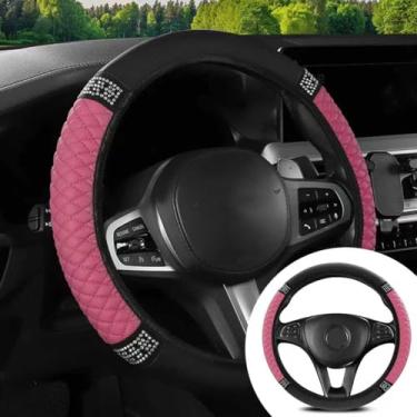 Imagem de HHZL Capa de volante de carro de couro brilhante rosa com diamante, capa protetora de volante elástica macia com strass de cristal brilhante para mulheres e meninas, acessório universal de carro com