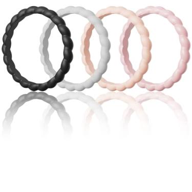 Imagem de Lxskeek Aliança de casamento de silicone para mulheres, alianças de casamento de borracha trançadas finas e empilháveis, não tóxicas, seguras para a pele, pacote variado de 1/4/5/6/7/8, 3.5-4(18.15mm
