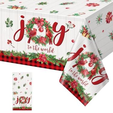 Imagem de 1 peça de toalhas de mesa de plástico de Natal, toalhas de mesa retangulares descartáveis de guirlanda de azevinho Joy to The World Poinsétias e Azevinho para decorações e suprimentos de festa de