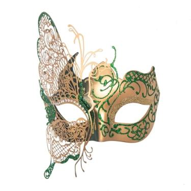 Imagem de Seglorwy Máscara feminina de baile de máscaras de metal com strass veneziano, Halloween, Natal, noite, baile de formatura, festa (borboleta verde dourada)