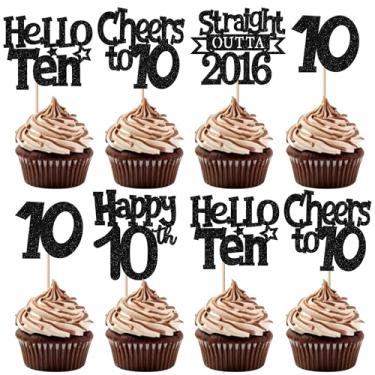 Imagem de 30 Pack Straight Outta 2016 Cupcake Toppers Glitter Black Ten Happy 10th Birthday Cupcake Picks Cheers to 10 Years Cake Decorations for Baby Shower Boys Girls Kids 10th Birthday Party Supplies