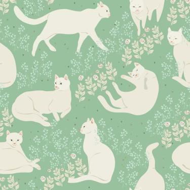 Imagem de VEELIKE Papel de parede para gatos brancos, papel de parede verde felino para berçário, quarto de crianças, cozinha, 40 x 900 cm, papel de contato verde removível autoadesivo para paredes, armários