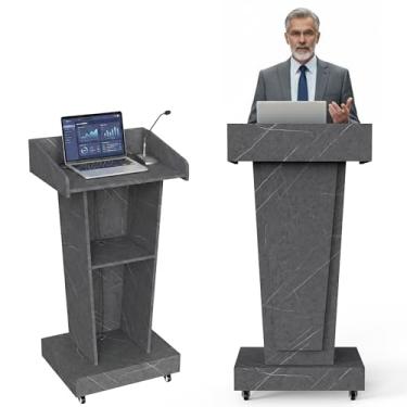 Imagem de Tredre Suporte de pódio de madeira, palestras e pódios móveis de madeira, púlpito para igrejas, salas de aula e conferências, acabamento resistente a arranhões, base pesada - com rodas, grande