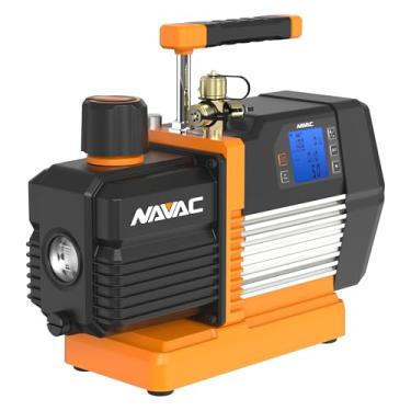 Imagem de NAVAC Bomba de vácuo inteligente, NP8DSV - Motor CA de estágio duplo de 8 CFM, vácuo de 15 mícrons - Teste de integridade do óleo com um clique, leituras em tempo real com display digital e medidor