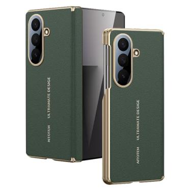 Imagem de FWYANZH Capa de couro para Samsung Galaxy Z Fold 7, capa traseira magnética para celular, proteção da dobradiça da câmera, borda dourada galvanizada, verde, dobra 7