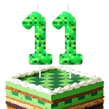 Imagem de Vela verde com número de aniversário de 11 anos para decorações de aniversário, topo de bolo número 11 para festas temáticas de desenho animado, velas para decoração de festa de meninos e meninas