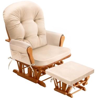 Imagem de JZHLLA Conjunto de almofadas de reposição Glider Rocker com bolsos de armazenamento, tecido de flanela macio e espuma de alta resiliência antiderrapante para cadeira de balanço para sala de estar
